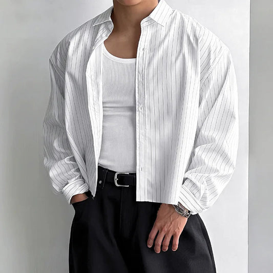 Men's Striped Breathable Loose Long-Sleeve Shirt White