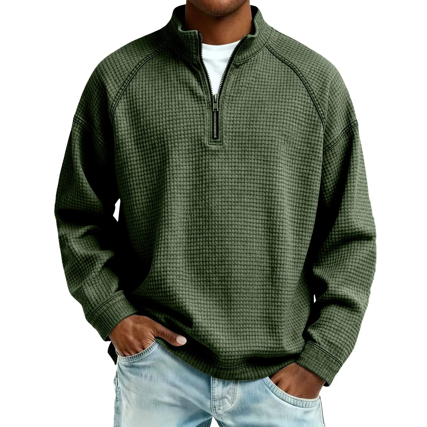 Herren Waffelstrick Pullover mit Viertel-Reißverschluss Lockerer Schnitt