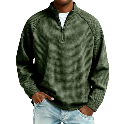 Herren Waffelstrick Pullover mit Viertel-Reißverschluss Lockerer Schnitt