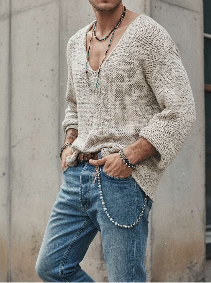 Detailansicht des V-Ausschnitts am Herren Strickpullover