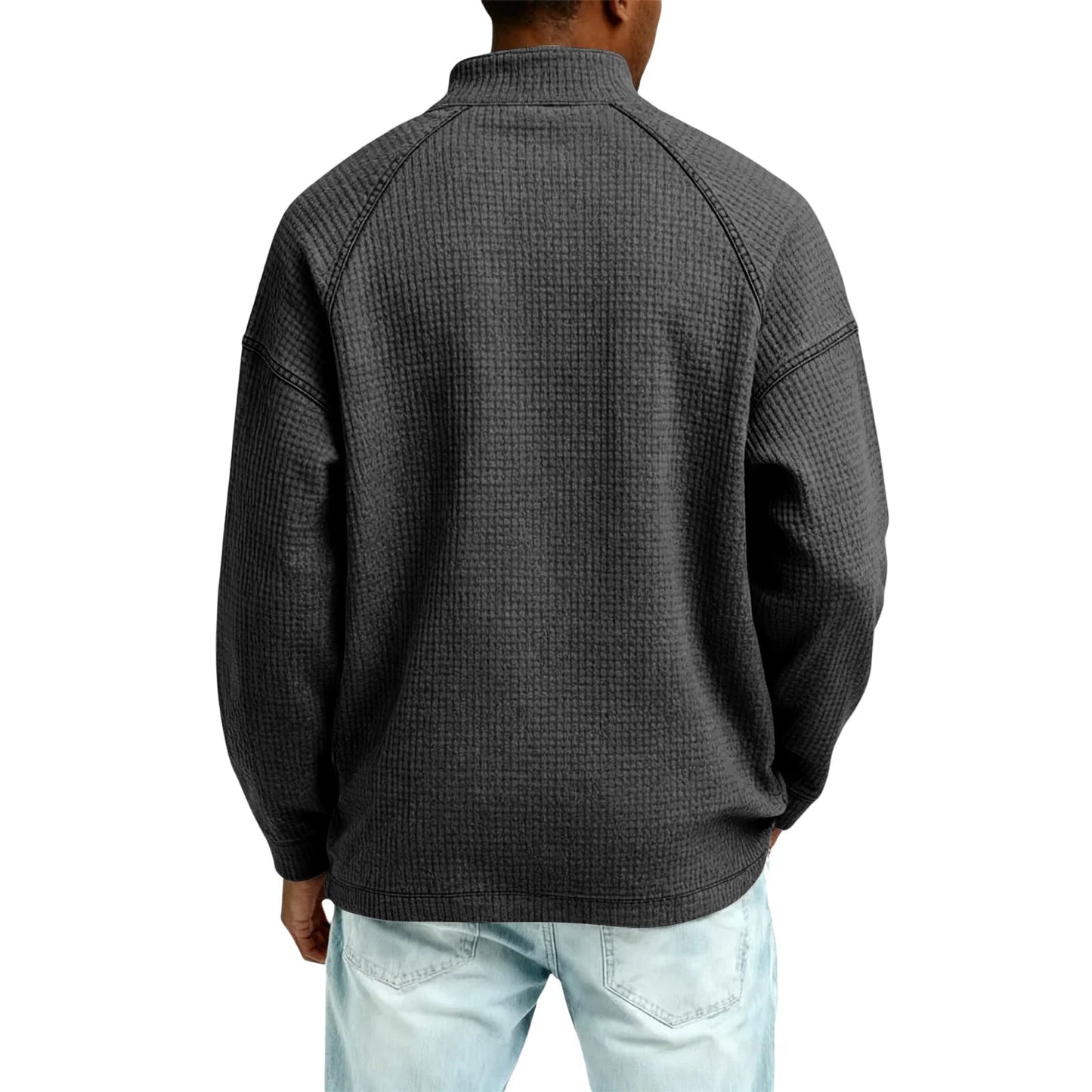 Herren Waffelstrick Pullover mit Viertel-Reißverschluss Lockerer Schnitt