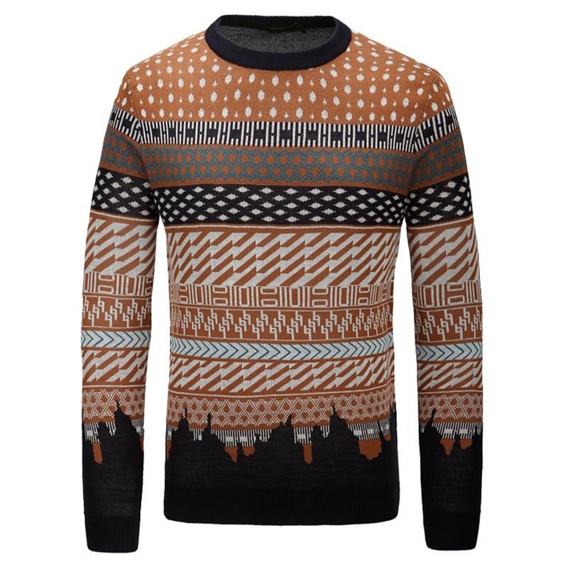 Herrenpullover mit kontrastierendem Muster und geripptem Rundhalsausschnitt