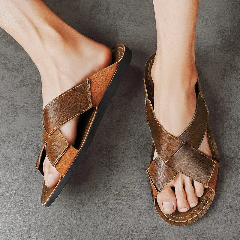 Herren Leder offene Zehen Hausschuhe Weich rutschfest Freizeit Sandalen