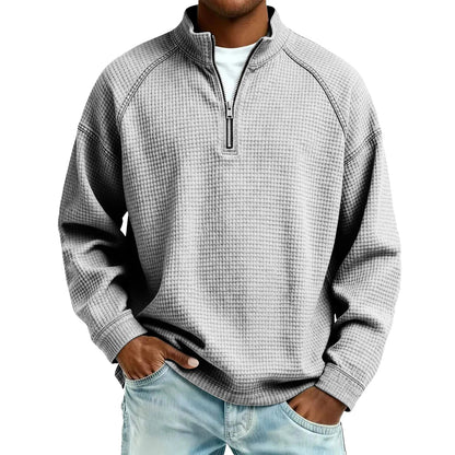 Herren Waffelstrick Pullover mit Viertel-Reißverschluss Lockerer Schnitt