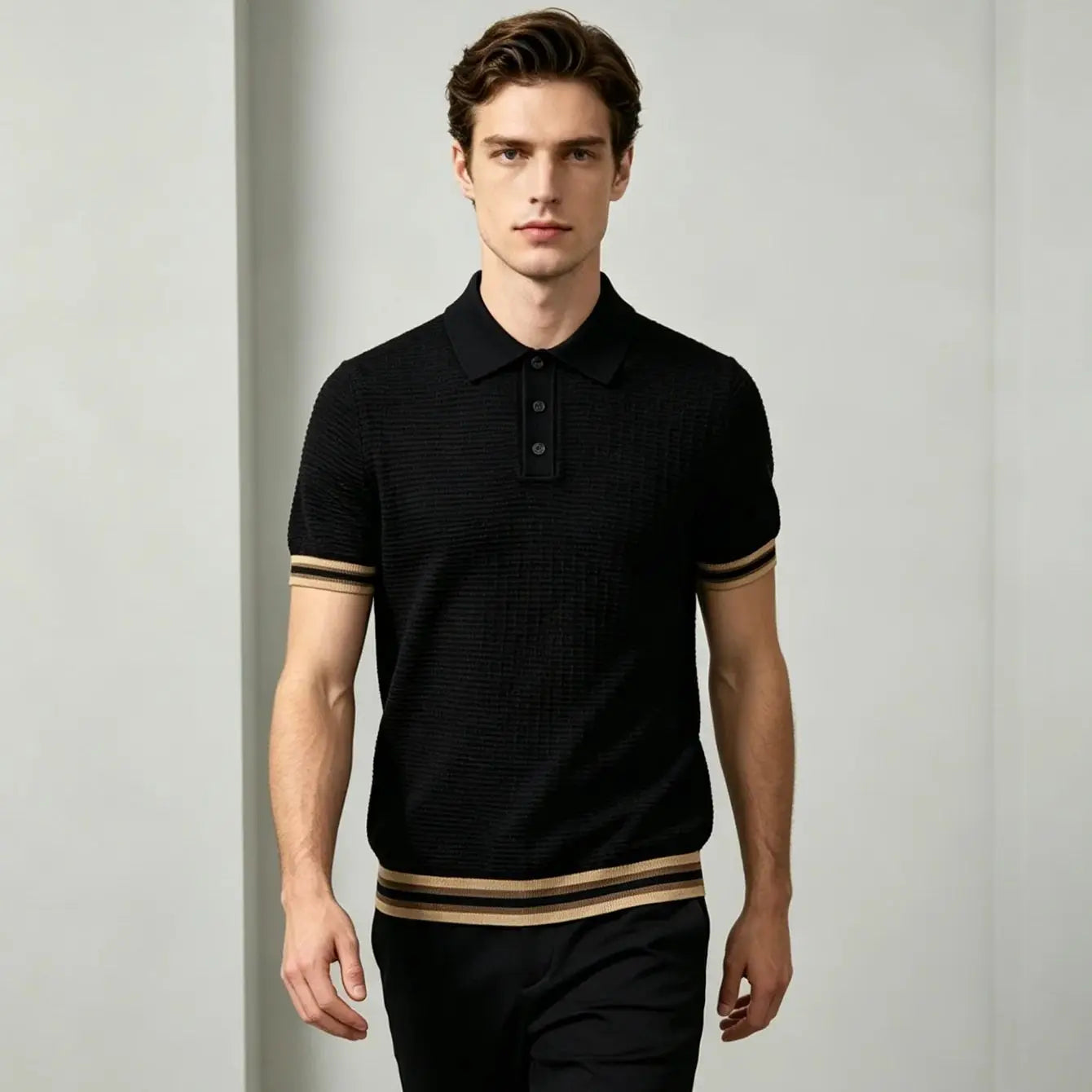 Herren Slim Fit Leichtes Atmungsaktives Polohemd Schwarz