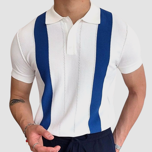 Herren Strick-Poloshirt mit Längsstreifen und Knopfleiste in Frontansicht