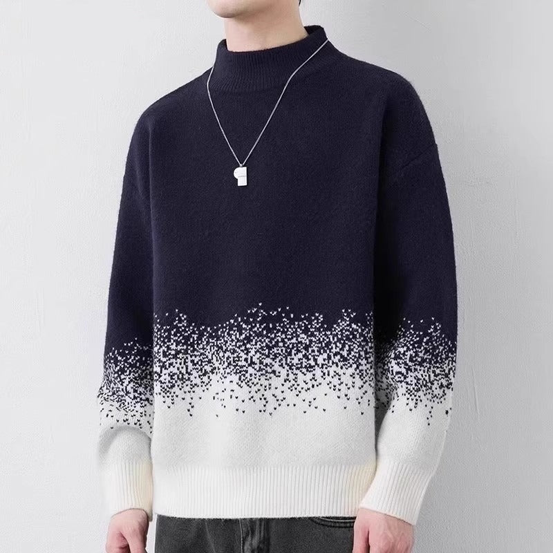 Nahaufnahme des groben Strickmusters am Herrenpullover