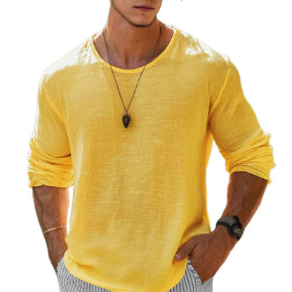 Herren Langarm T Shirt Aus Baumwoll Leinen Mit Rundhals