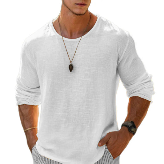 Herren Langarmshirt mit Rundhals aus Baumwoll-Leinen in Rückansicht