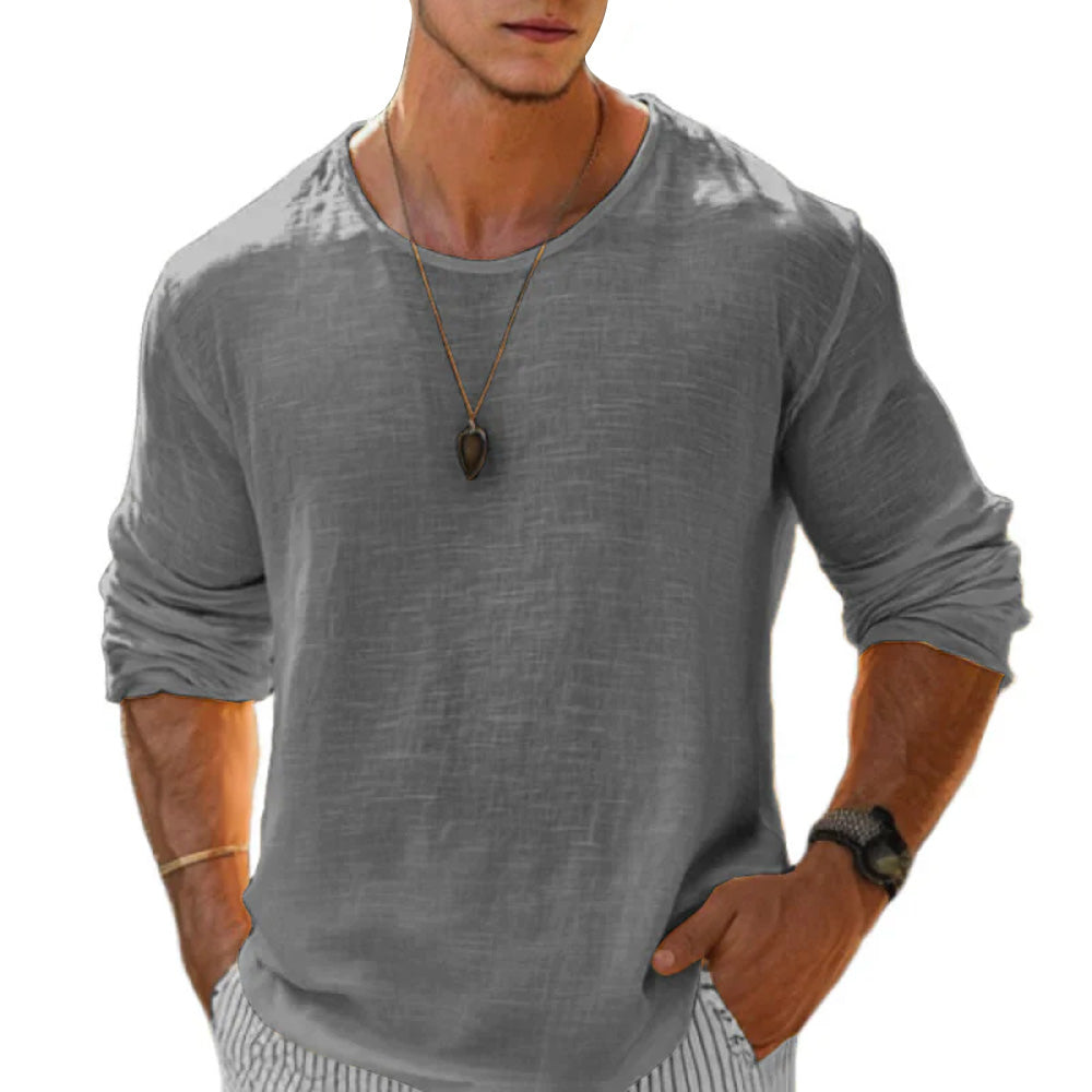 Detailansicht des Herren Langarmshirts aus Baumwoll-Leinen mit Rundhals