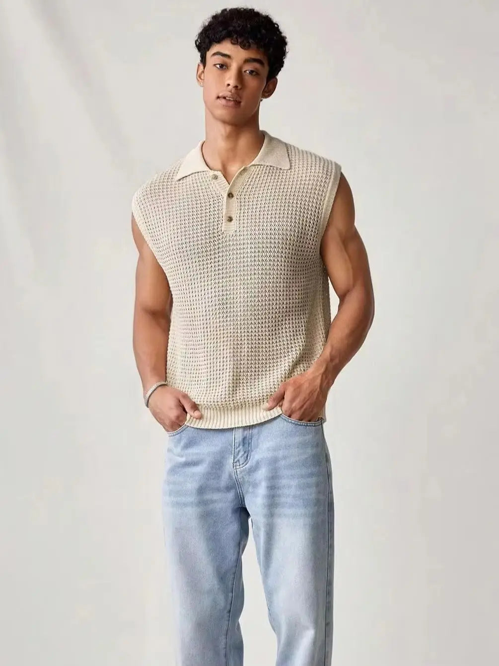 Herren Ärmelloses Strick-Poloshirt Pointelle Strick Schwarz