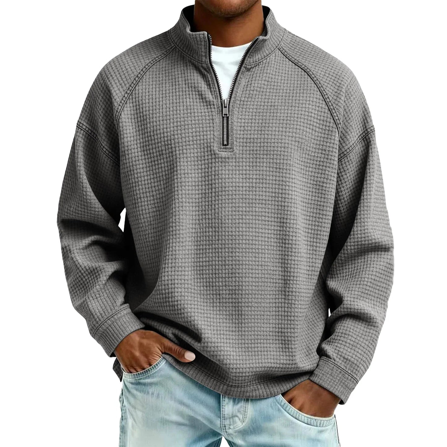 Herren Waffelstrick Pullover mit Viertel-Reißverschluss Lockerer Schnitt