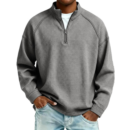 Herren Waffelstrick Pullover mit Viertel-Reißverschluss Lockerer Schnitt