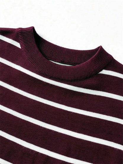 Herren Gestreiftes Polyester-Strick T-Shirt mit Rundhalsausschnitt Weinrot