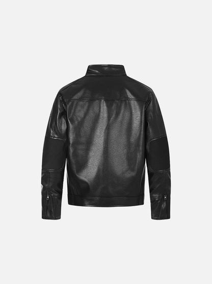 Strukturierte braune Kunstleder-Bikerjacke in voller Ansicht