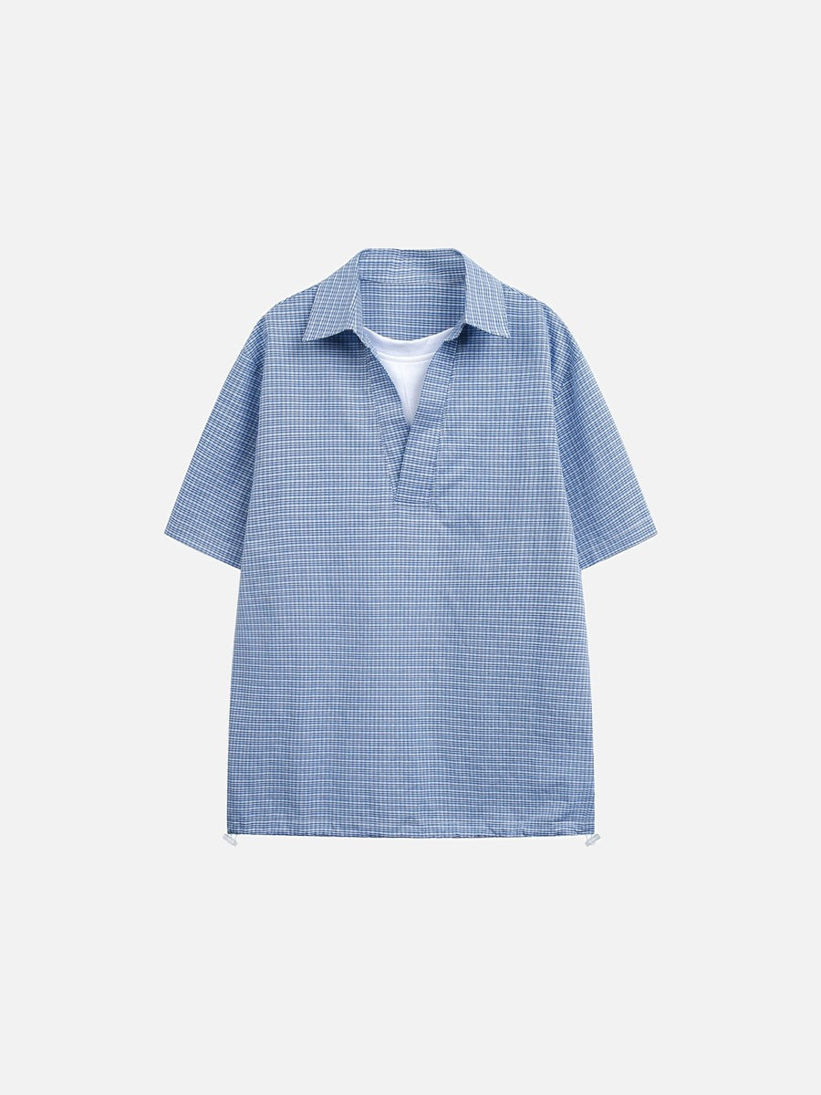 Damen Popover-Bluse mit blau-weissem Karomuster in Vorderansicht