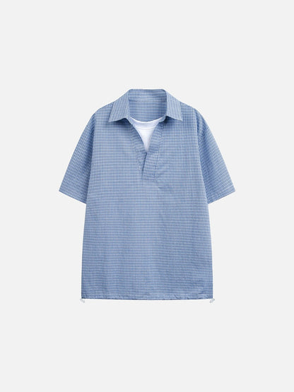 Damen Popover-Bluse mit blau-weissem Karomuster in Vorderansicht