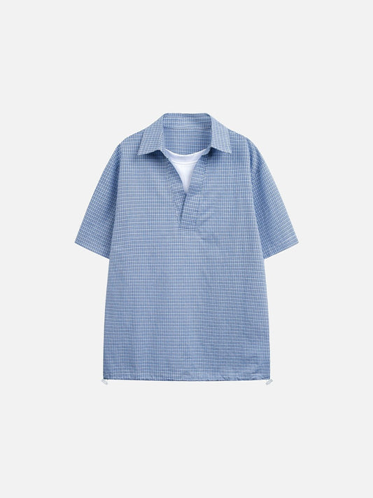 Damen Popover-Bluse mit blau-weissem Karomuster in Vorderansicht
