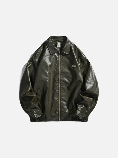 Black Faux Leather Bomber Jacket With Metallic Emblem