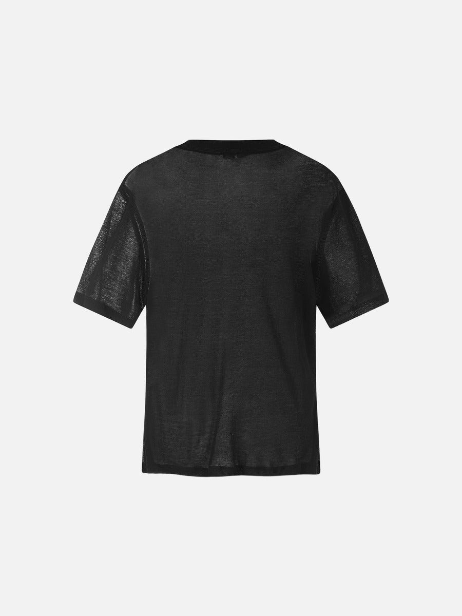 Schlichtes schwarzes Damen-T-Shirt mit modernem transparentem Stil