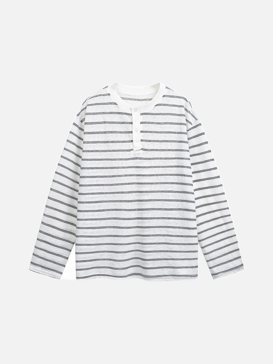Herren Henley-Shirt in Weiss mit horizontalen Streifen und Relaxed Fit, Vorderansicht