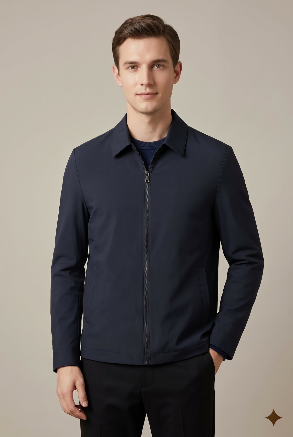 Herrenjacke von der Seite mit sichtbarem Kragen und Taschen