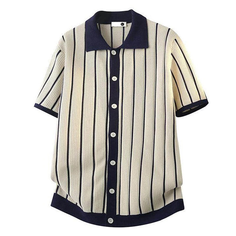 Herren Gestreiftes Strick-Poloshirt Patchwork Kurzarm Weiß