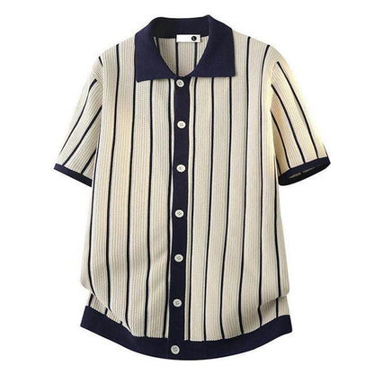 Herren Gestreiftes Strick-Poloshirt Patchwork Kurzarm Weiß