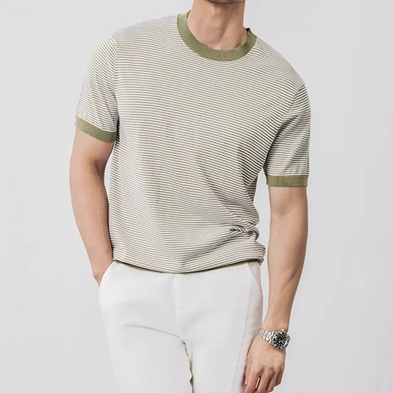Herren Gestreiftes Strick-Slim-Fit T-Shirt Marineblau Grün