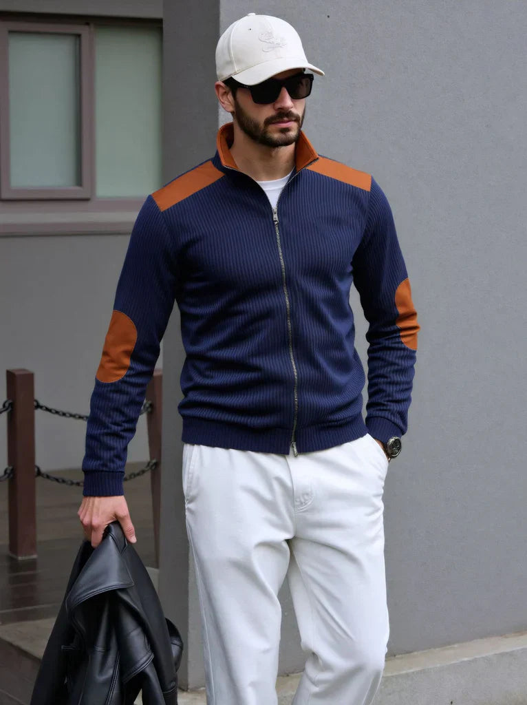 Tom Hollinger | Herren Strickcardigan mit Reißverschluss und Schulter- und Ellbogenpatches