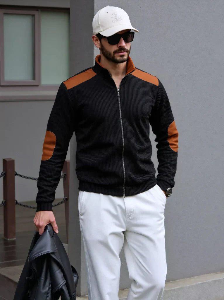 Tom Hollinger | Herren Strickcardigan mit Reißverschluss und Schulter- und Ellbogenpatches