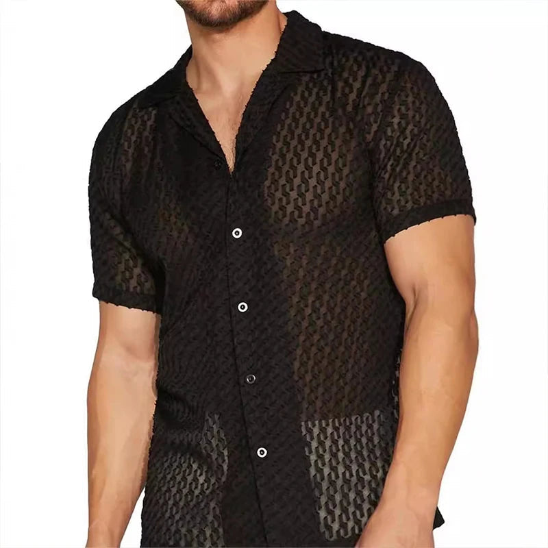 Herren Mesh-Spitzen-Kurzarmhemd Schwarz Slim Fit Button-Down