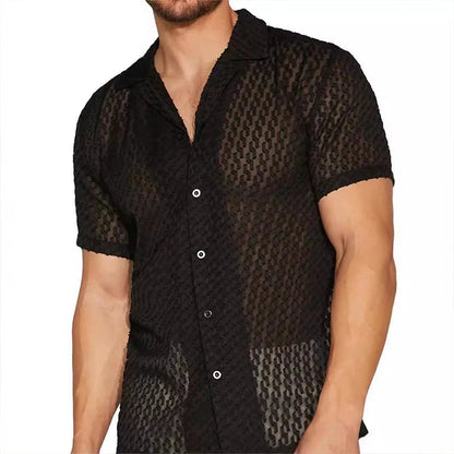 Herren Mesh-Spitzen-Kurzarmhemd Schwarz Slim Fit Button-Down