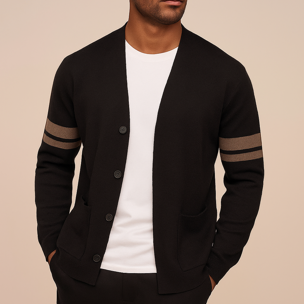 Tom Hollinger | Herren Merino-Mischung Cardigan mit gestreiften Ärmeln und aufgesetzten Taschen