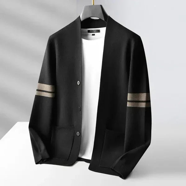 Tom Hollinger | Herren Merino-Mischung Cardigan mit gestreiften Ärmeln und aufgesetzten Taschen