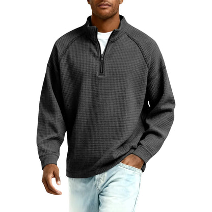 Herren Waffelstrick Pullover mit Viertel-Reißverschluss Lockerer Schnitt