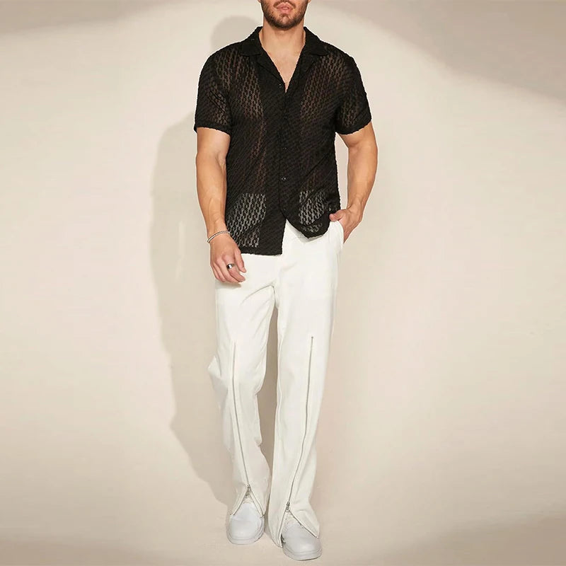 Herren Mesh-Spitzen-Kurzarmhemd Schwarz Slim Fit Button-Down