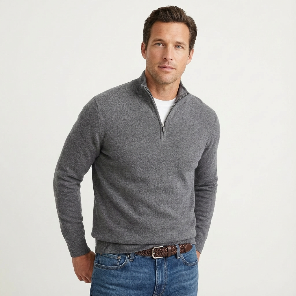 Seitenansicht des Herren-Strickpullovers mit Quarter-Zip