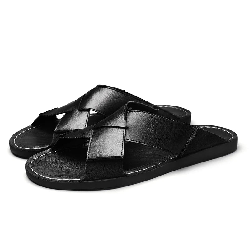 Herren Leder offene Zehen Hausschuhe Weich rutschfest Freizeit Sandalen