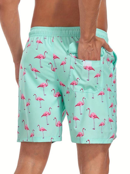 Herren Badeshorts mit Flamingo-Print seitlich fotografiert
