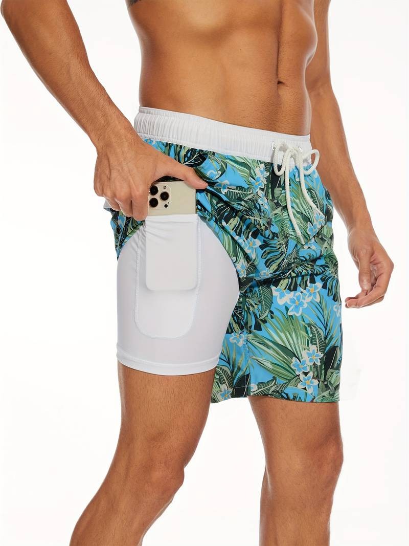 Herren Badeshorts mit Flamingo-Print in kompletter Produktansicht