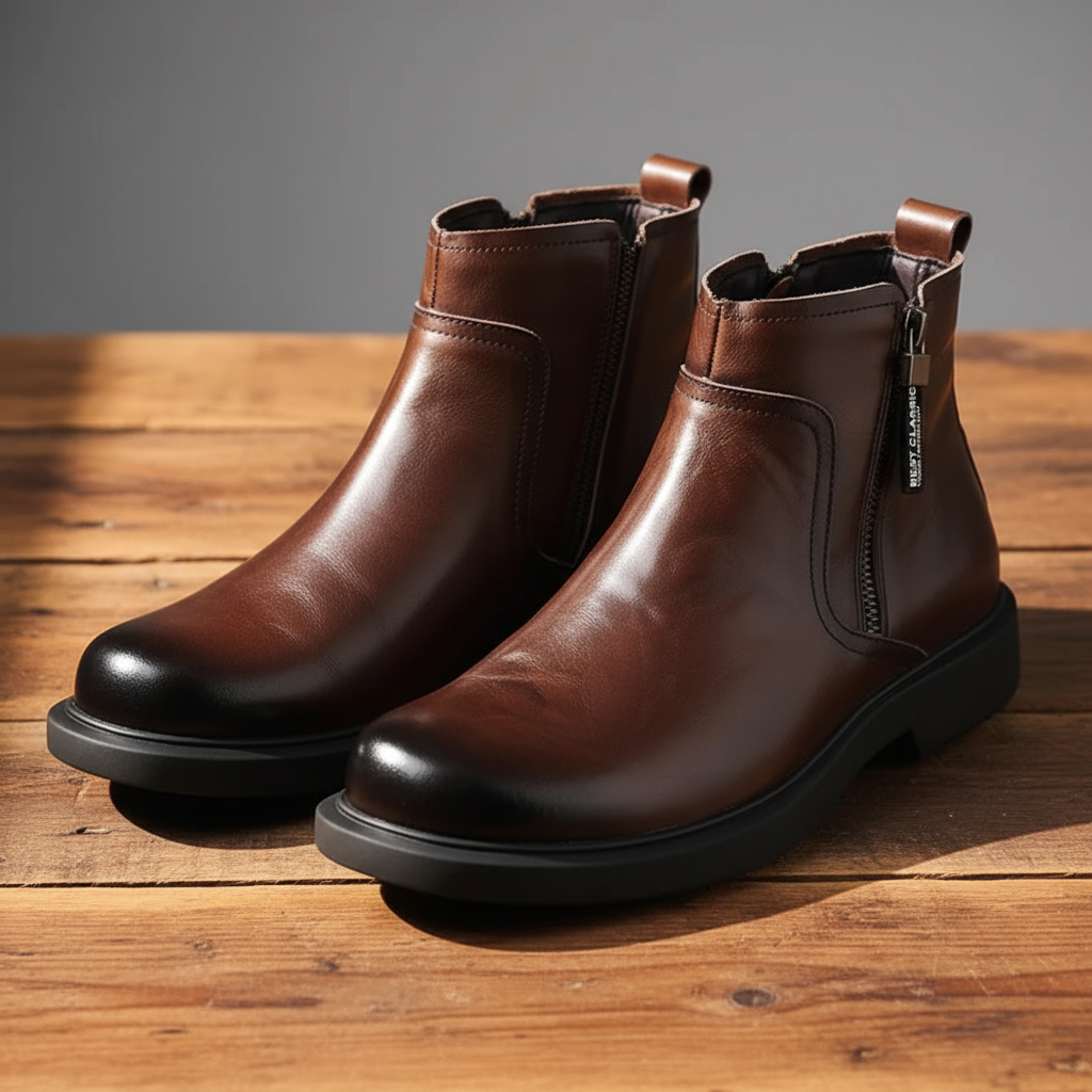 Seitenansicht der braunen Herrenstiefel aus Leder