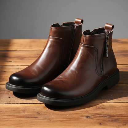 Seitenansicht der braunen Herrenstiefel aus Leder