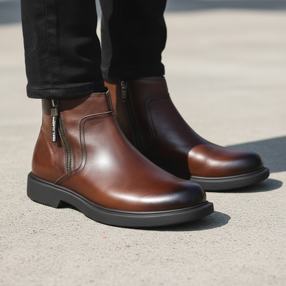 Rückansicht der braunen Lederstiefel mit Herrenpassform