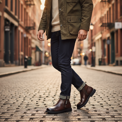 Vorderansicht der braunen Herren-Lederstiefel