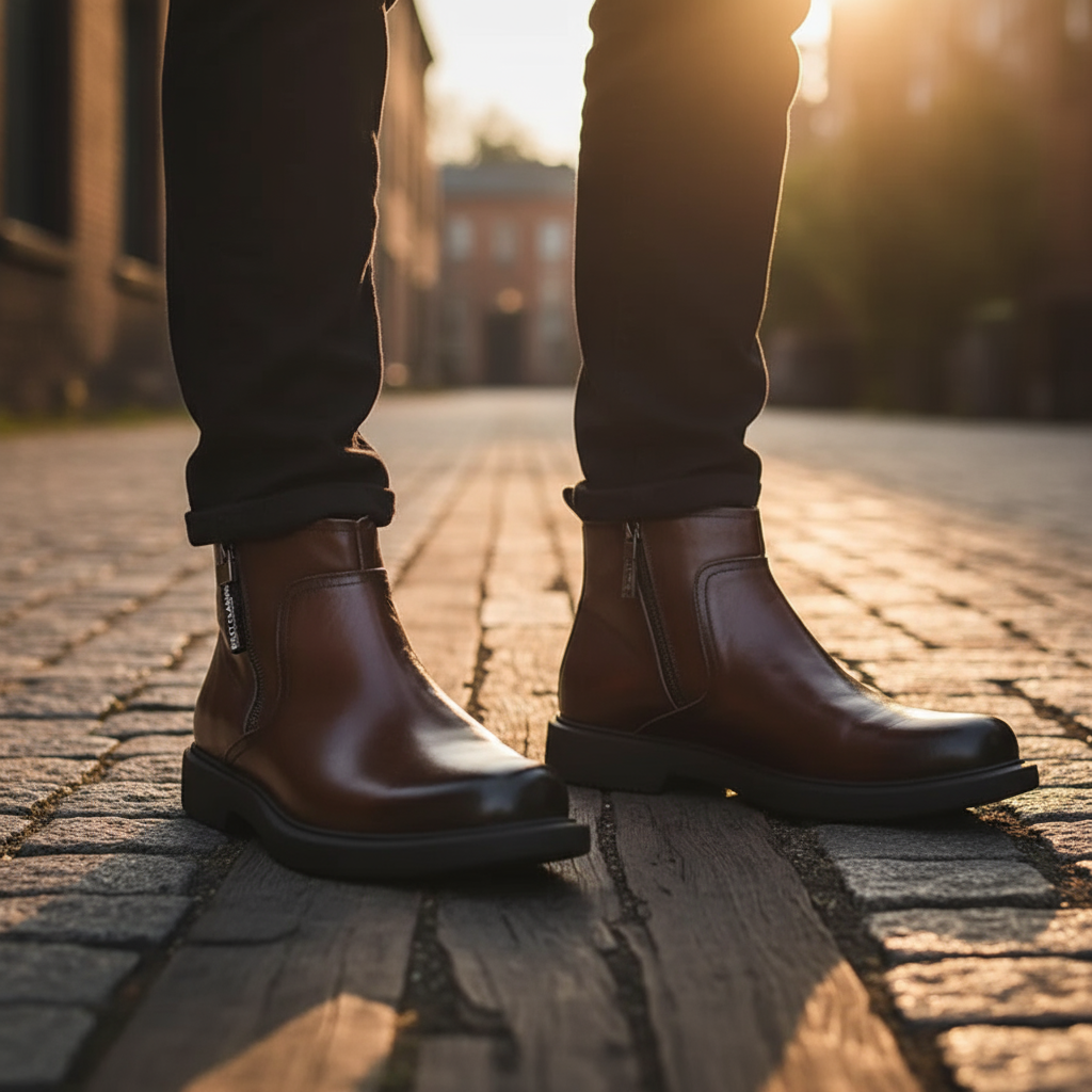 Nahaufnahme des Reißverschlusses an einem braunen Lederstiefel