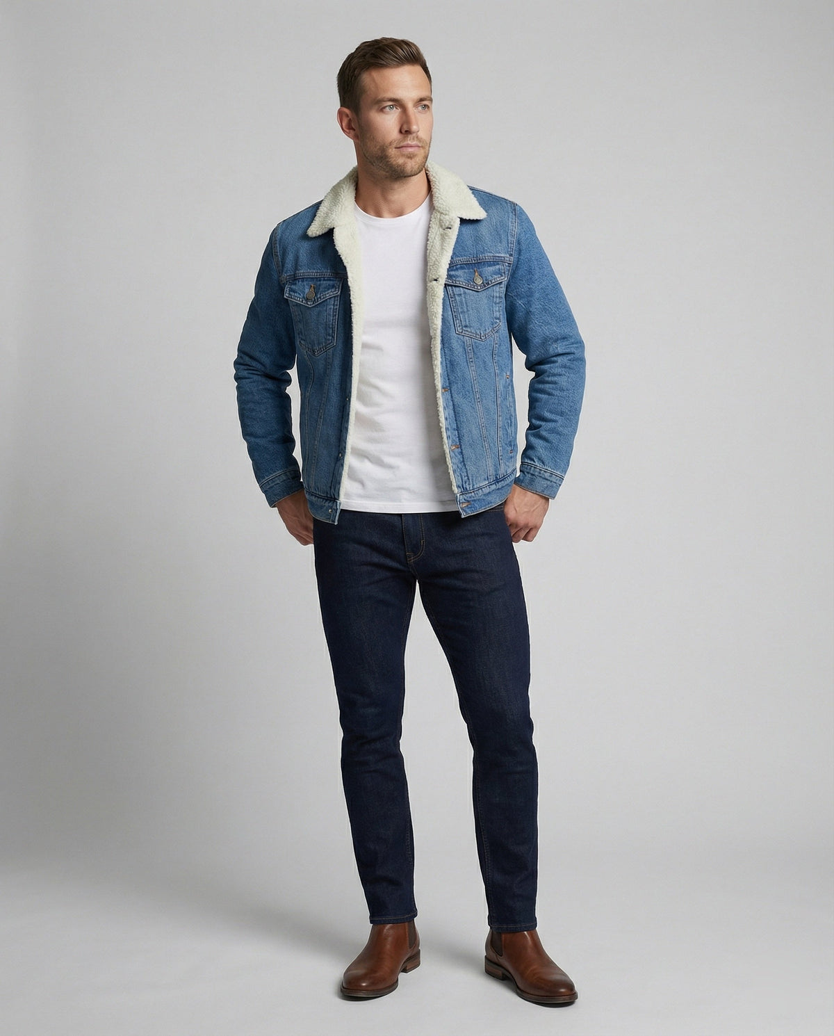 Gefütterte Herren-Jeansjacke im klassischen Schnitt, Vorderansicht
