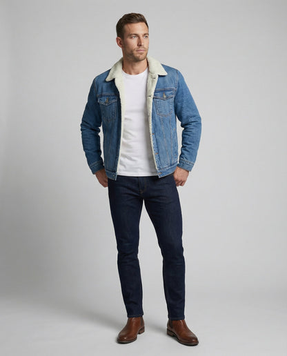 Gefütterte Herren-Jeansjacke im klassischen Schnitt, Vorderansicht
