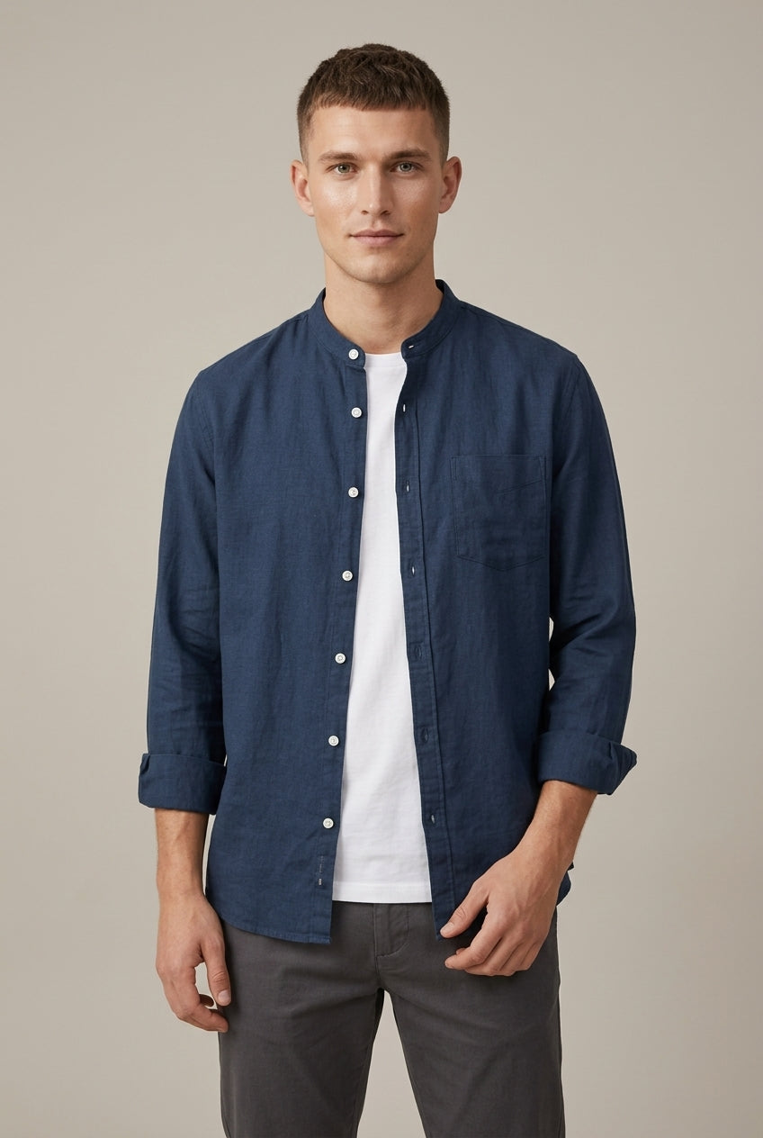 Linen-Blend Men's Shirt With Stand-Up Collar And Long Sleeves