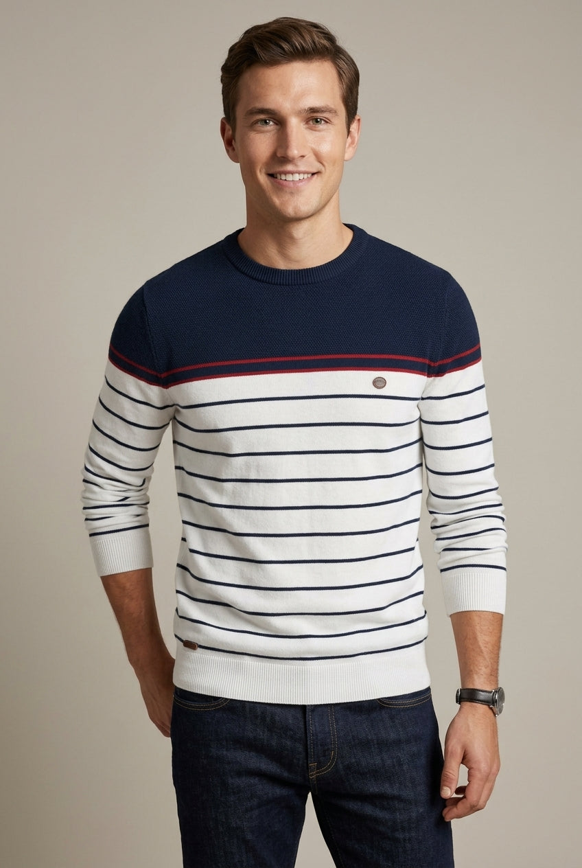 Herren Gestreifter Pullover Mit Rundhalsausschnitt